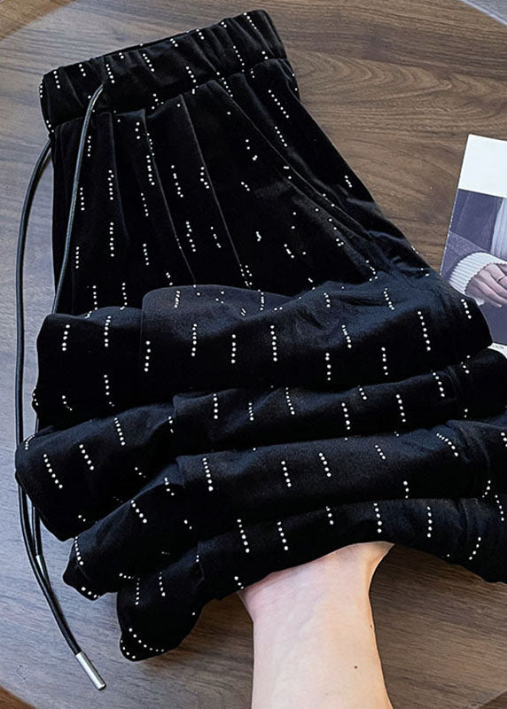 Black Print Wrinkled Elastic Waist Wide Leg Pants Fall
