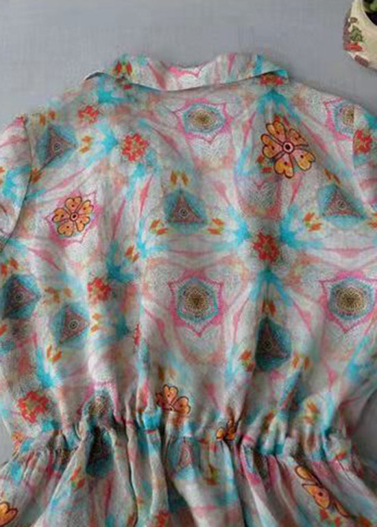 Modern Peter Pan Collar Drawstring Button Print Linen Dress Three Quarter Sleeve