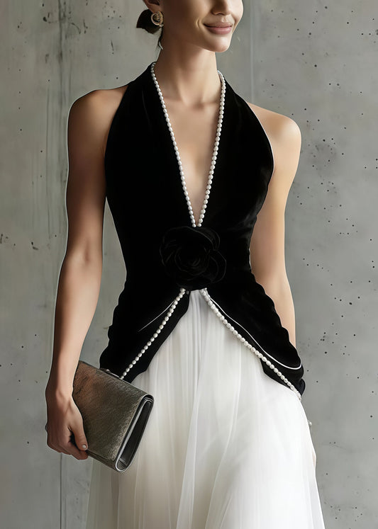 Black Halter Patchwork Tulle Flower Decorated Dinner Dress Sleeveless