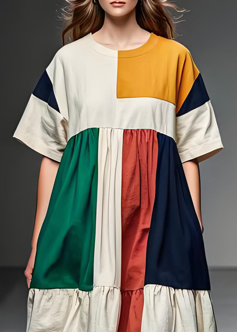 Colorblock O Neck Patchwork Linen Mid Dress Summer