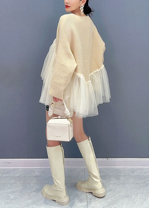 Fitted Beige O-neck Asymmetrical Tulle Patchwork Knit Tops Fall