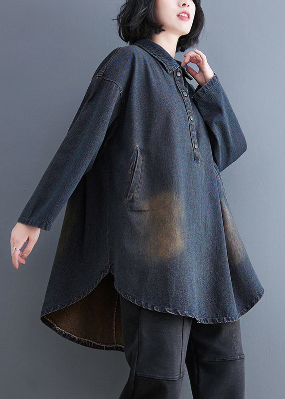 Retro Blue Peter Pan Collar Patchwork Denim Shirt Fall