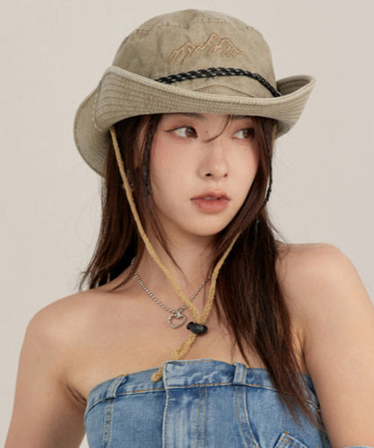 Khaki Print Patchwork Drawstring Denim Floppy Sun Hat