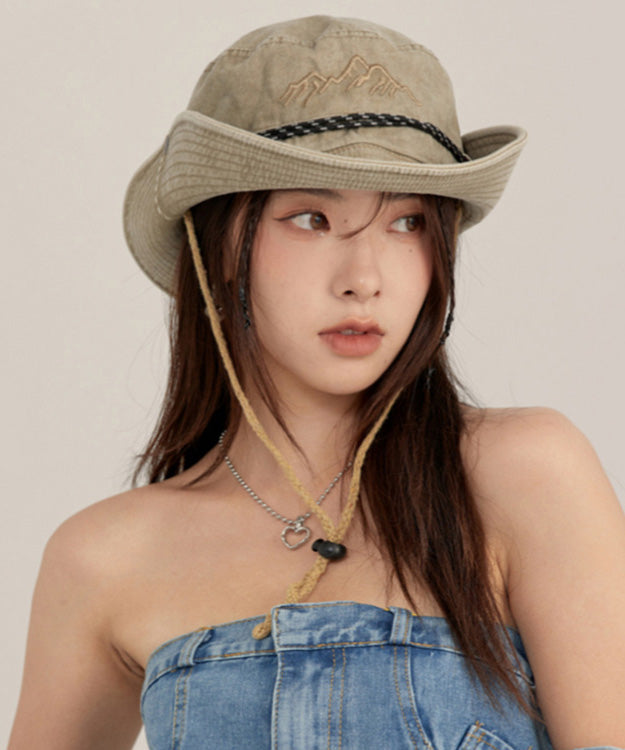 Khaki Print Patchwork Drawstring Denim Floppy Sun Hat