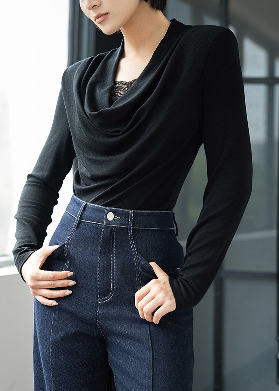 Slim Fit Black Lace Patchwork Wool T Shirts Fall