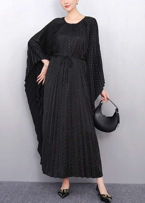 Black Oversized Cotton Pleated Dress Batwing Sleeve