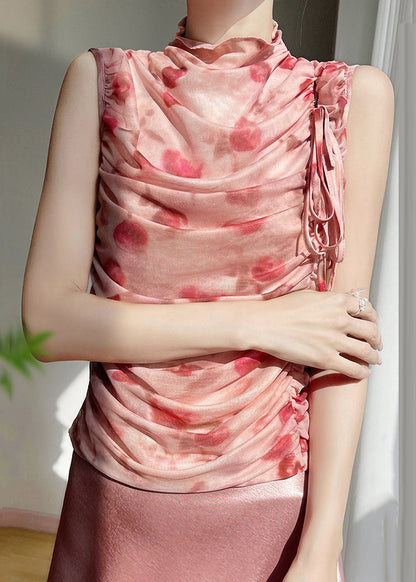 Pink Print Wrinkled Lace Up Tulle Tops Sleeveless