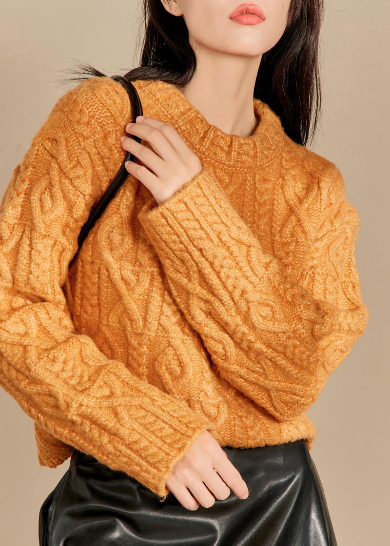 Natural Orange O-neck Cable Thick Cotton Knit Sweaters Winter