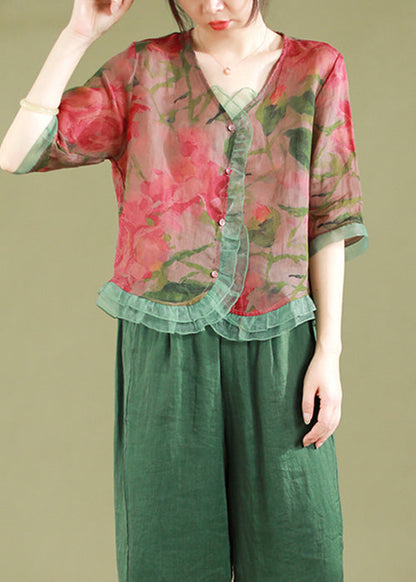 Red Ruffled Button Patchwork Linen Blouse Top Summer