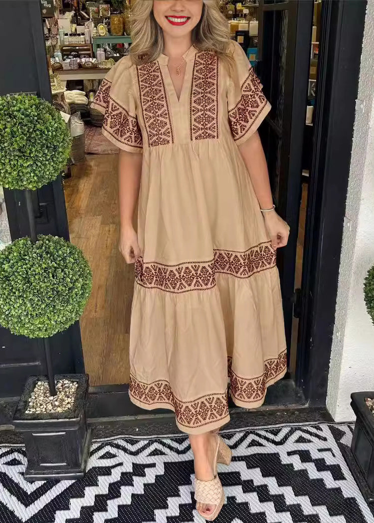 White V Neck Print Cotton Long Dresses Summer