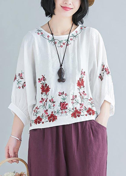 White Embroideried Shirt Summer Cotton Linen