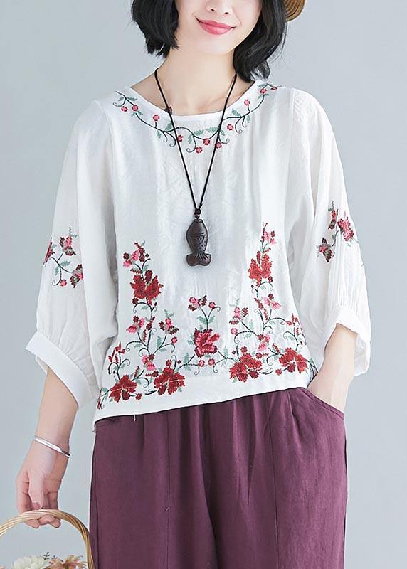 White Embroideried Shirt Summer Cotton Linen