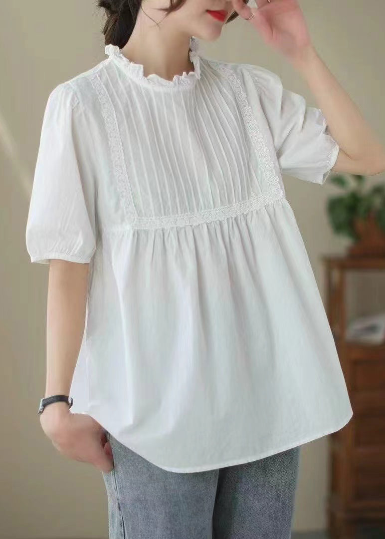 White Ruffled Wrinkled Cotton Shirt Top Summer