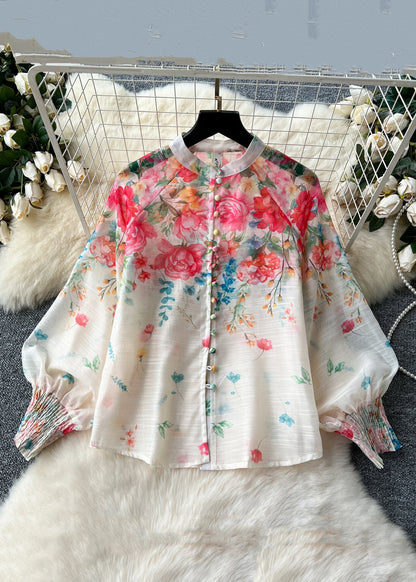 French Colorblock Print Tops and Skirts Chiffon Two Pieces Set Long Sleeve