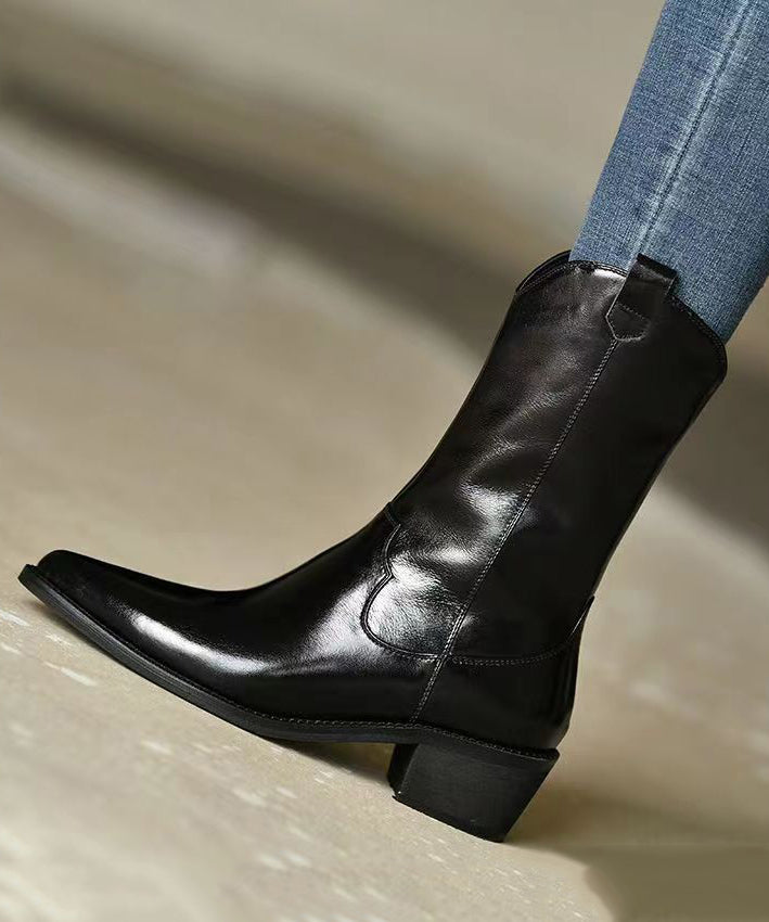 Black Pointed Toe Boots Chunky Cowhide Leather