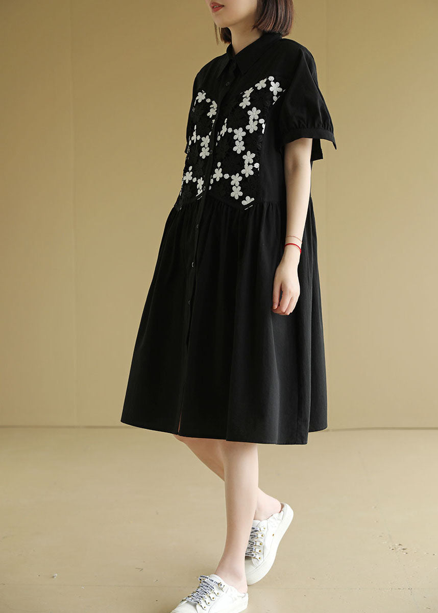 Black Button Peter Pan Collar Embroideried Cotton Shirt Pleated Dress Short Sleeve