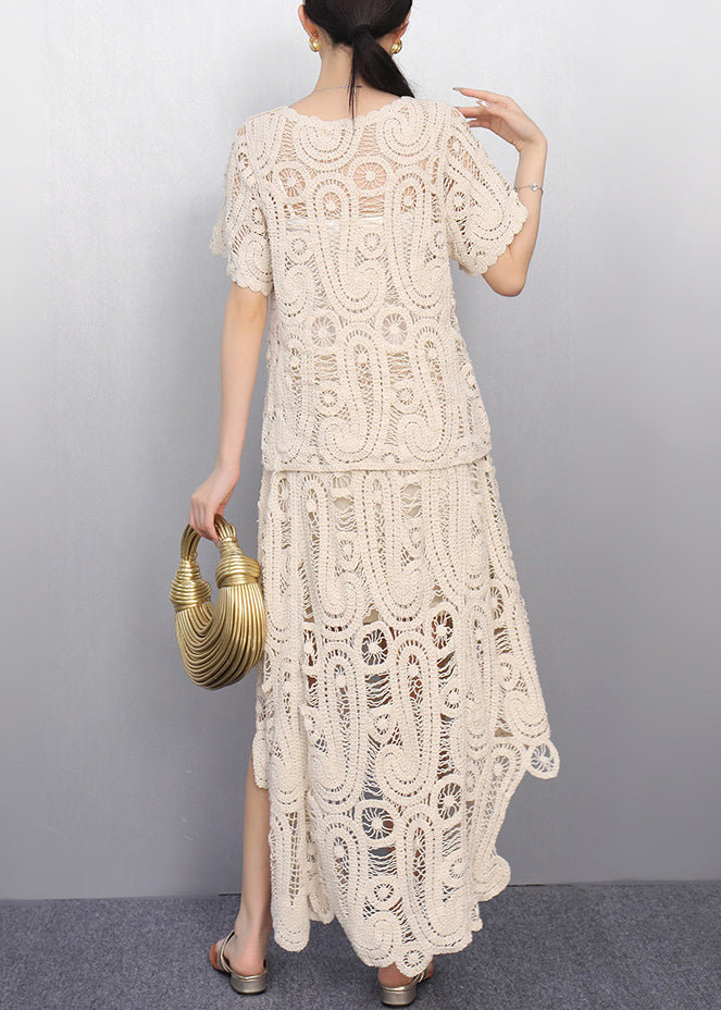 Beige O-neck Lace T Shirt and Maxi Skirts Two Piece Set Short Sleeve