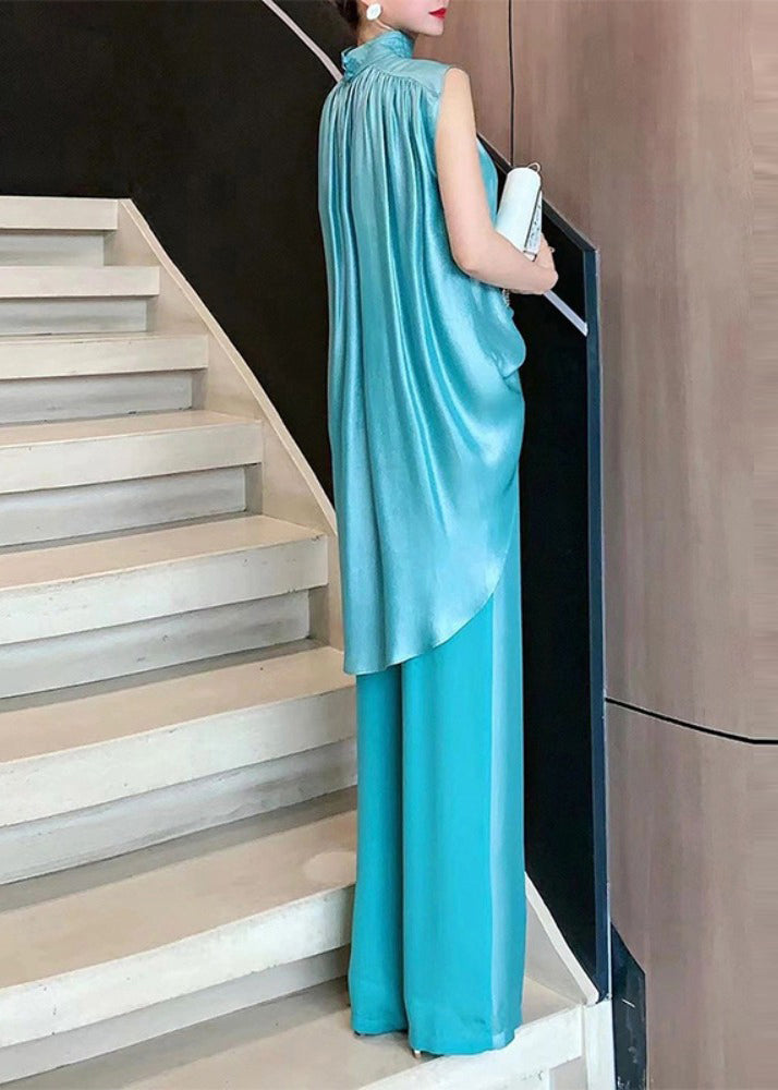 Organic Blue Hign Neck Tops and Pants Silk Two Pieces Set Sleeveless