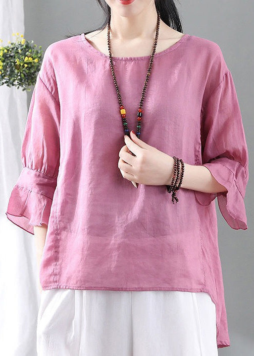 Pink O Neck Low High Design Cotton Tops Summer