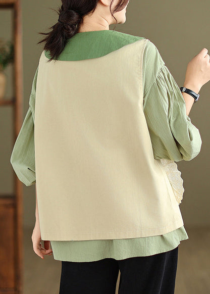 New Khaki Waistcoat and Green Ruffled Blouses Cotton 2 Piece Outfit Fall