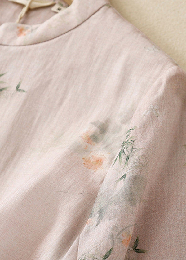 Versatile Pink Stand Collar Print Cotton Shirts Summer