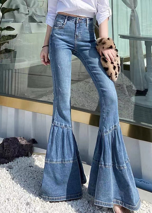 Blue Pockets High Waist Denim Flared Trousers Summer