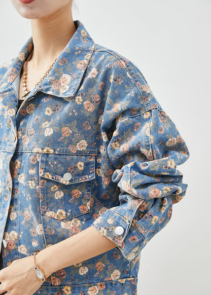 Blue Peter Pan Collar Print Denim Coats Spring