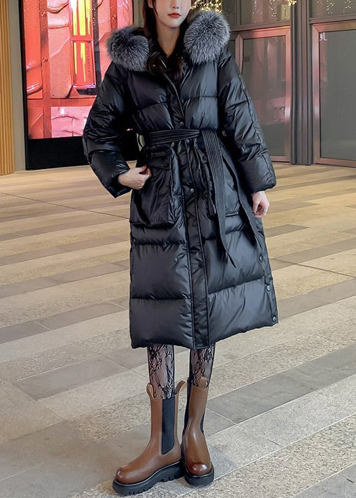 Black Fox Collar Tie Waist Patchwork Duck Down Coats Winter
