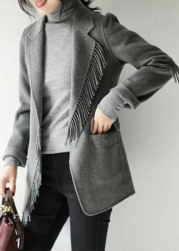 French Grey Notched Tassel Woolen Blend Coat Fall
