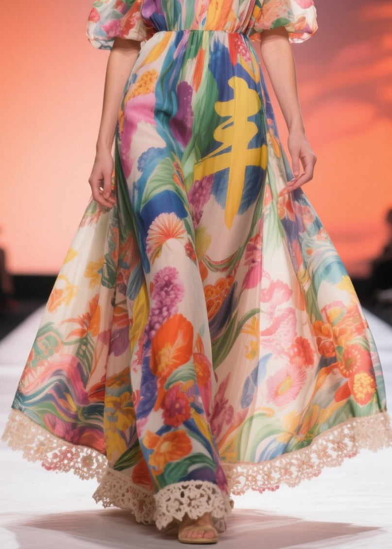 Print Chiffon Long Dress Cold Shoulder Summer