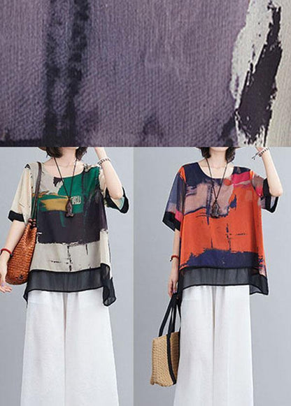 Orange Print Chiffon Half Sleeve Summer Two Piece Outfit