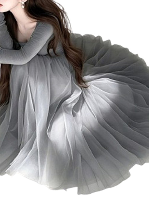 Grey O-neck Tulle Maxi Dress Spring