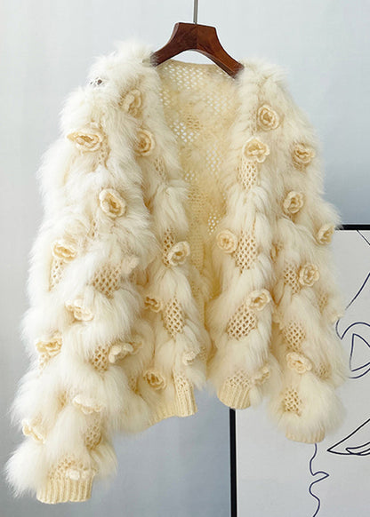 Apricot Mink Hair Knitted Coats Lantern Sleeve