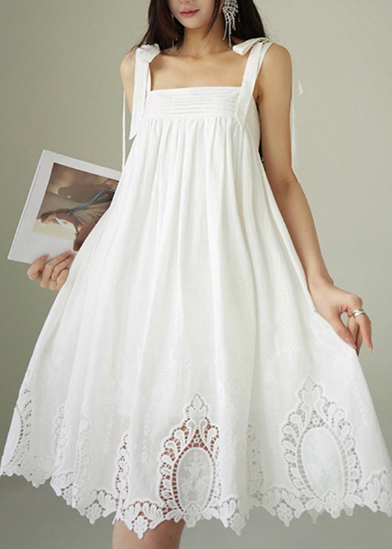 White Embroidered Hollow Out Cotton Party Long Dress Summer