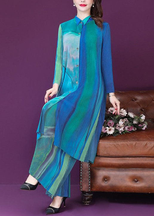 Blue Peter Pan Collar Tie Dye Silk Two Piece Set Long Sleeve Fall