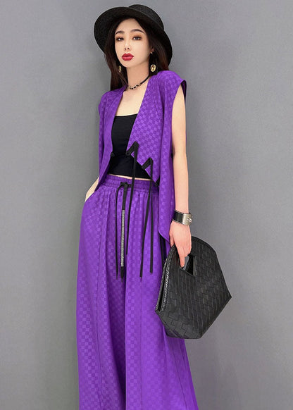 Purple Jacquard Chiffon Vest and Wide Leg Pants Two Pieces Set Elastic Waist Sleeveless