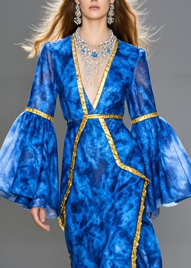Natural Sea Blue Asymmetrical Patchwork Chiffon Vacation Dresses Flare Sleeve