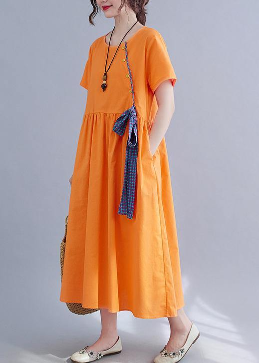 French Orange Patchwork Button Party Summer Cotton Linen Dress