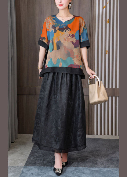 Retro Blue Print V Neck Patchwork Silk Tops and Skirts Two Pieces Set Summer