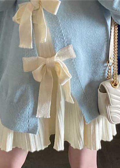 Boutique Blue Bow Patchwork Fall Knit Sweaters
