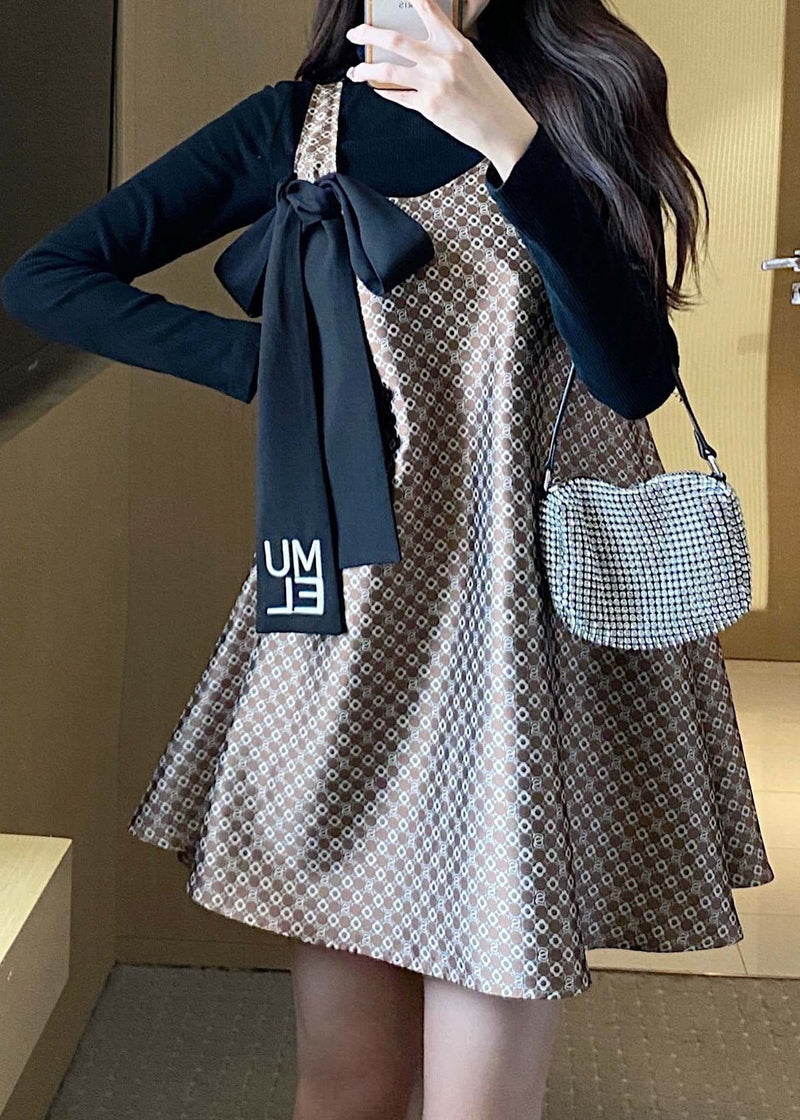 Fitted Retro Bow Print Fall Two Pieces Set