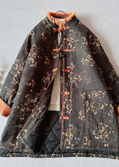 Black Print Pockets Fur Collar Patchwork Fine Cotton Filled Coat Winter