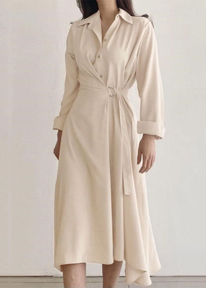 Natural Apricot Peter Pan Collar Wrinkled Patchwork Cotton Dresses Spring
