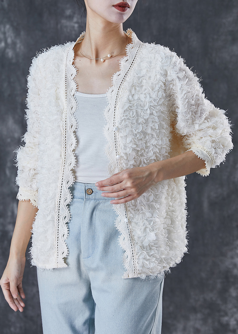 White Tasseled Patchwork Lace Knit Loose Coat Spring