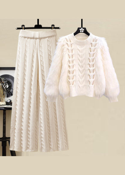 Style Apricot O Neck Sweaters and Skirts Knit Two Pieces Set Fall
