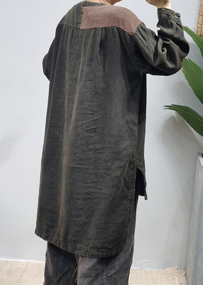 Black O-neck Pocket Patchwork Low High Design Linen Shirts Long Sleeve