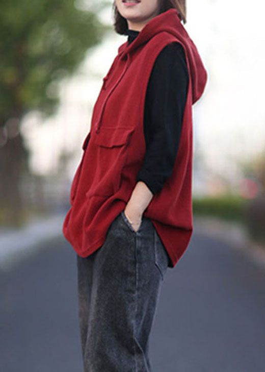 Classy Red Hooded Drawstring Pullover Sleeveless Waistcoat