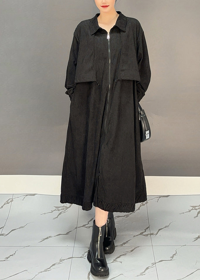 Black Peter Pan Collar Pockets Corduroy Maxi Trench Coats Winter