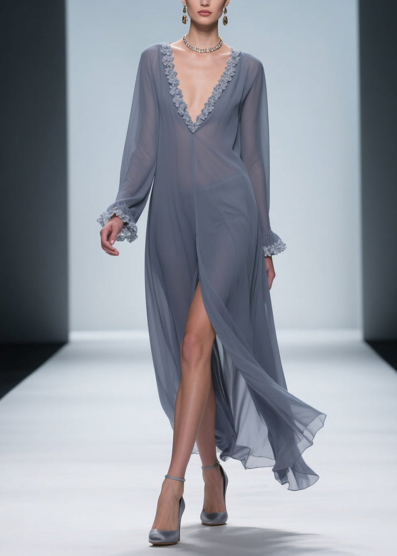 Grey Lace Side Open Chiffon Dress Flare Sleeve