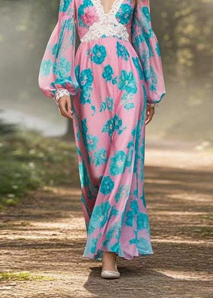 Pink V Neck Print Lace Patchwork Chiffon Dresses Lantern Sleeve
